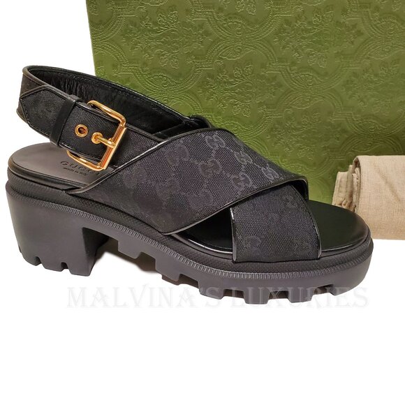 GUCCI SHOES BLACK GG SUPREME CANVAS CHUNKY LUG SOLE SANDALS - Picture 14 of 15